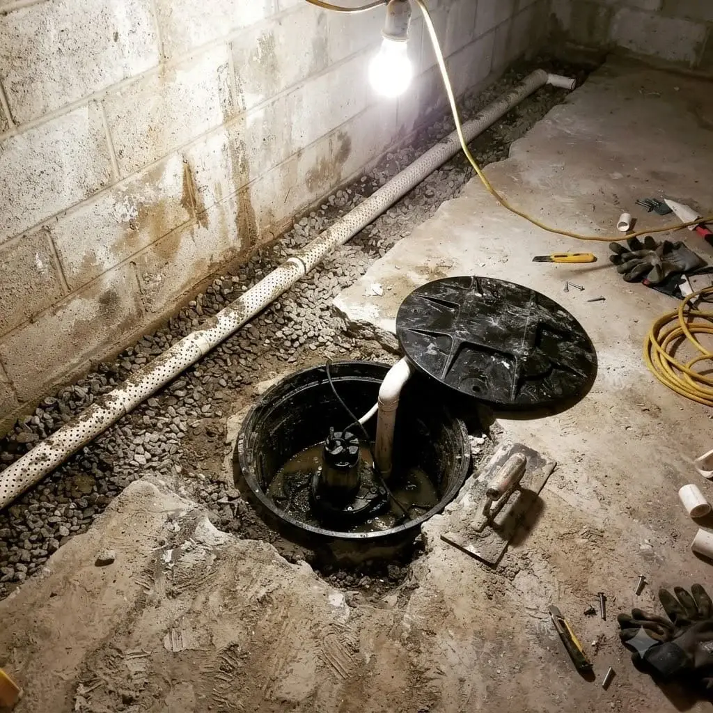 Sump pump and interior drain along a basement floor